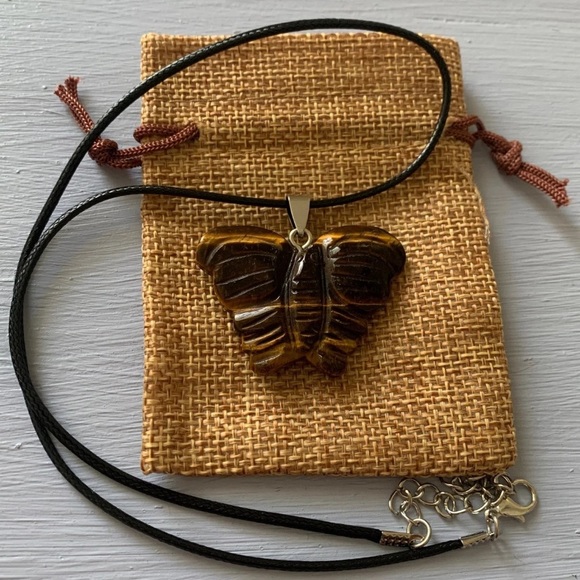 Hand Crafted Jewelry - Tigers Eye Butterfly Necklace Butterfly Crystal Necklace Tigers Eye Necklace